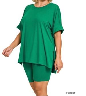 Brushed dty microfiber top & biker shorts set- Forest Green 2X